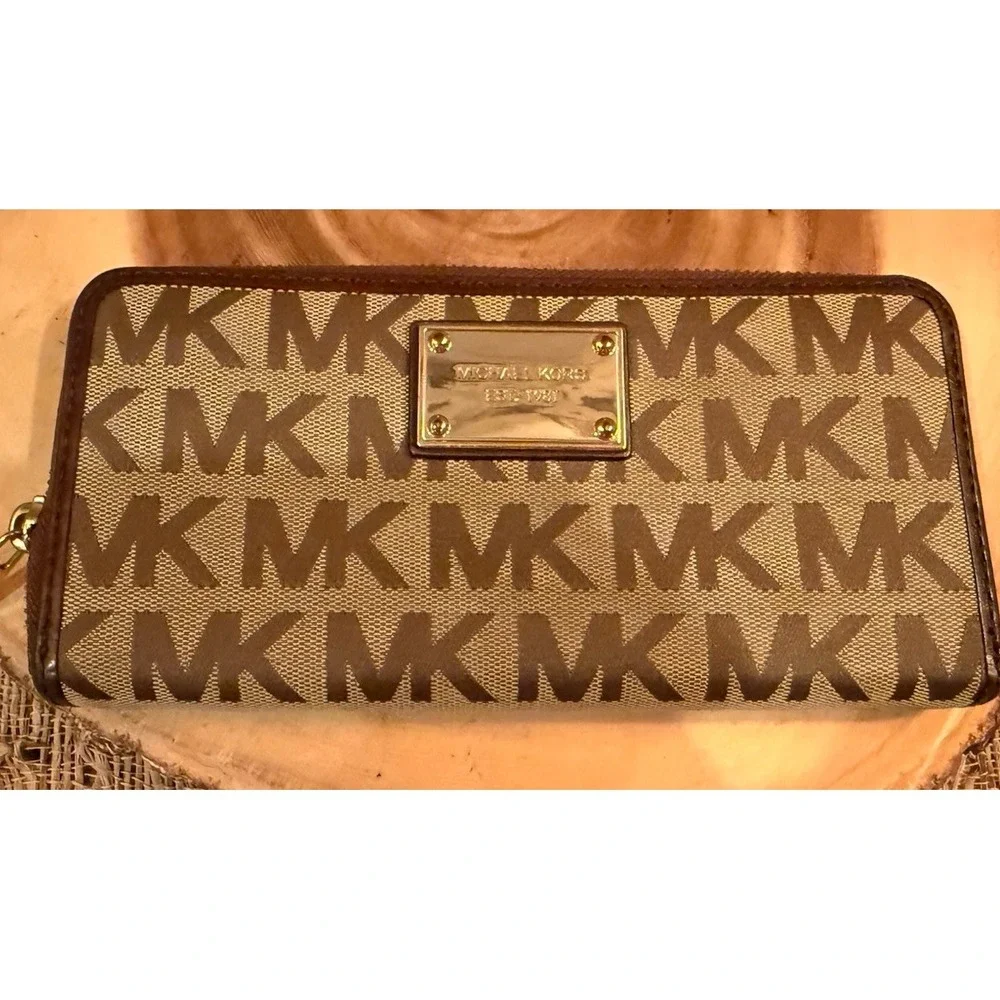 Michael Kors Jet‎ Set Wallet Continental Gold Logo Zip Around Beige Ebony Mocha